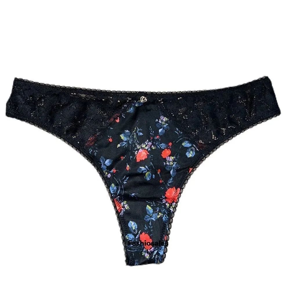 Victorias Secret Body Supersoft Satiny & Lace Thong panty Black floral